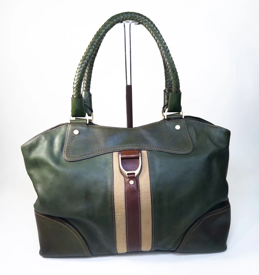 Vintage Cole Hann Pebbled Leather Equestrian Brass Stirrup Shoulder Bag Tote