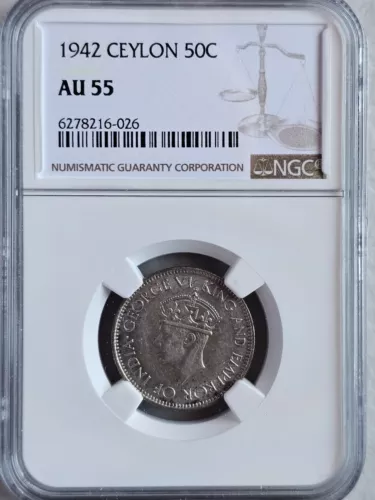 Ceylon 50 Cents 1942 NGC AU 55