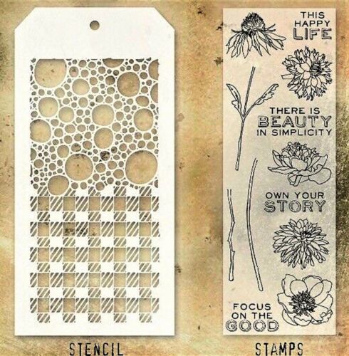 Flowers Clear Stamp and Bubbles & Gingham Stencil Set by Tim Holtz NEW! - Picture 2 of 2