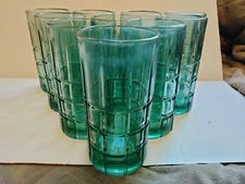 (10) Anchor Hocking Tartan Sea-mist Lt Green Tumblers Glasses 16oz Ex Condition