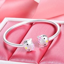 Silver Women Girl Pink Bow Hello Kitty Cat Cuff Bangle Adjustable Bracelet