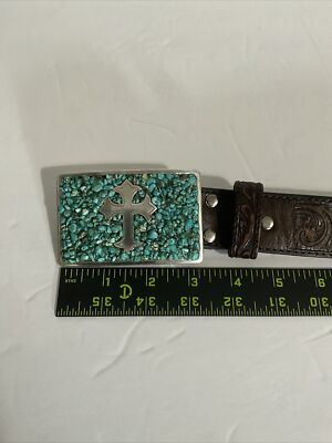 Nicona Belt Co silver toned turquoise genuine leather belt 28waist or smaller(c) Nocona Belt Co. Womens Buckstitch Edge Stone Stud Center  main image 4