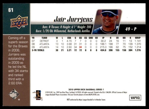 2010 Upper Deck Jair Jurrjens Atlanta Braves #61 - Picture 2 of 2