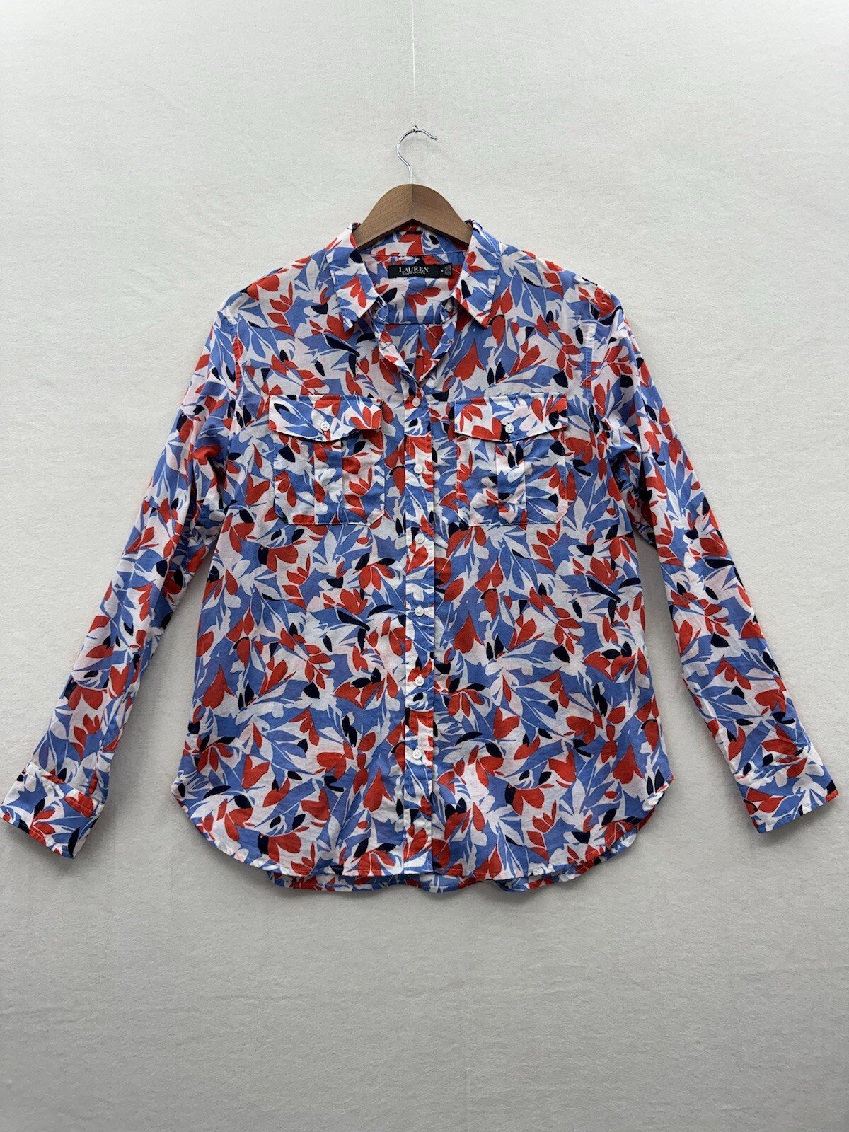 Lauren Ralph Lauren Womens Medium Red Blue Floral Hawaiian Button-Up Voile Top