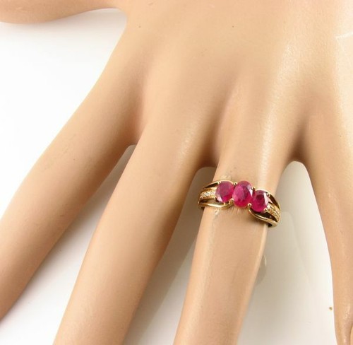 LUSH 9K 9K GOLD RUBY & DIAMOND TRILOGY 3 STONE ART DECO INS RING Free Resize - Picture 5 of 6