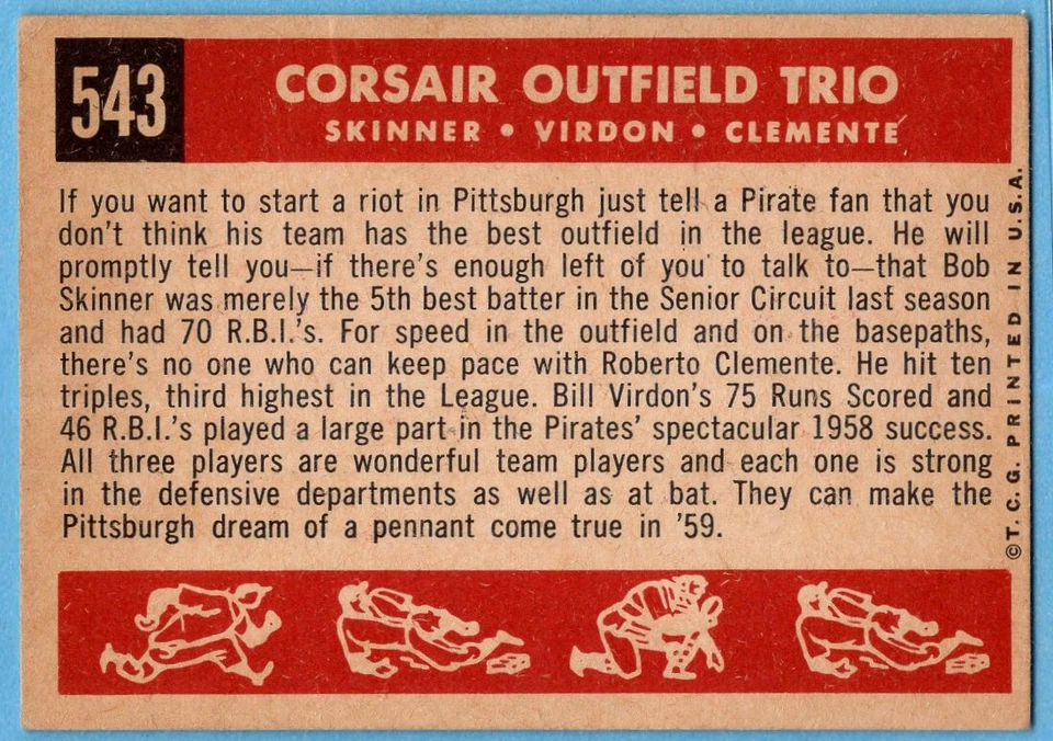 1959 Topps No543 Роберто Клементе VG-VGEX+ WRINKLE Pittsburgh Pirates HOF A5035 - Изображение 2 из 2