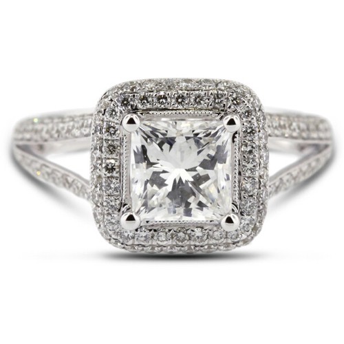 3.1 CTW NATURAL DIAMOND G/VS1 PRINCESS CUT 18K WHITE GOLD PRONG HALO ACCENT RING - Picture 5 of 17
