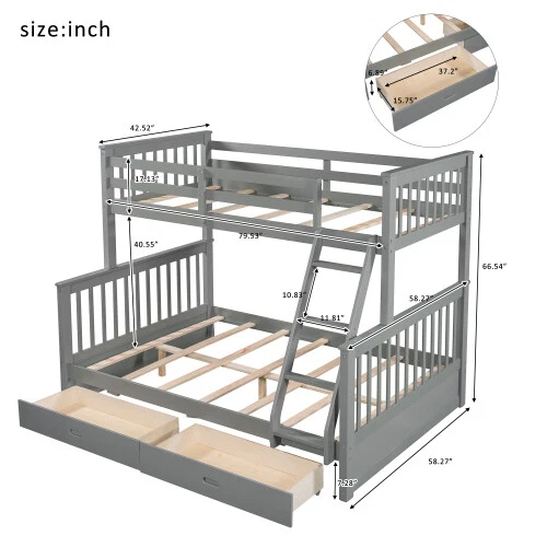 Twin Over Full  Bunk Bed W/ Storage Drawers Wood Platform Beds Bedroom Furniture - Image 3 of 4
