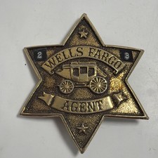 VINTAGE WELLS FARGO AGENT BADGE-REPRO Broken Pin Gold Brass Tone 6-Point Metal