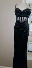 Black Velvet Mesh Sequin Ruched Lace Up Sweetheart Long Formal Gown Dress