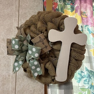 Burlap Mesh Religious Wreath w/ White Wooden Cross Green Bow 12 in Brown