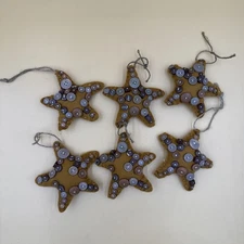 Set/6 Gold Felt Stars With Wooden Buttons Christmas Ornaments Folk Art Primitive