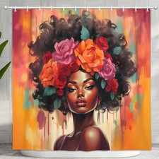 Black Girl Shower Curtain, Retro African American Colorful Floral Red Rose Bl...