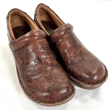 BOC Concept Women's Brown Leather Tooled Clog Shoes Slip OnSz 7.5 Boho Comfort