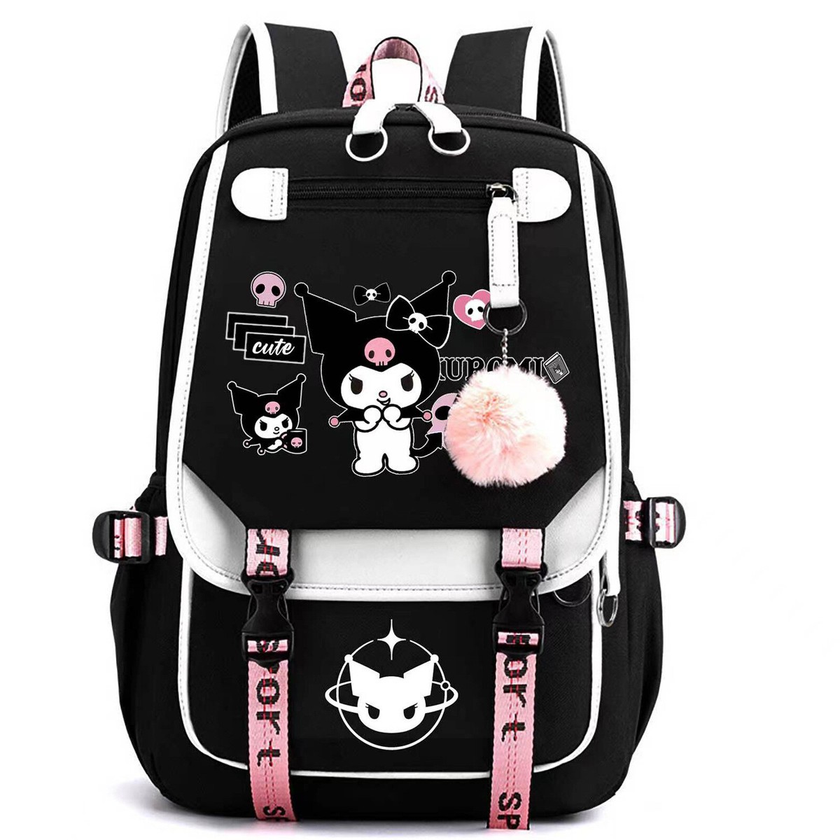 Roffatide anime kuromi print computadora portátil de ocio empresarial mochila mochila de senderismo mochila rosa H de 17 pulgadas (con lindo colgante Roffatide anime kuromi print computadora portátil de ocio empresarial mochila mochila de senderismo mochila rosa H de 17 pulgadas (con lindo colgante