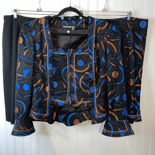 Patricia Rhodes 3 Piece Suit Size 14 Blue/Black Jacket Matching Skirt Black Wool