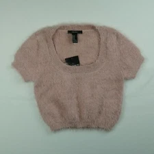 FOREVER 21 Junior's Woven Pink Crop Top Size M Cute Blouse Fur Accent