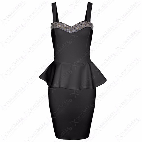 NEW WOMENS LADIES JEWEL TOP STRAP PEPLUM FRILL DRESS BODYCON PARTY DRESSES SKIRT - Picture 2 of 16