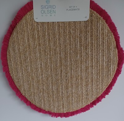 Sigrid Olsen Home 4 Round Placemats   Woven with Magenta Fringe-15'' 
