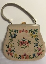 Beautiful VTG Floral Tapestry Hand Bag Purse Leather Trim Brass Closure