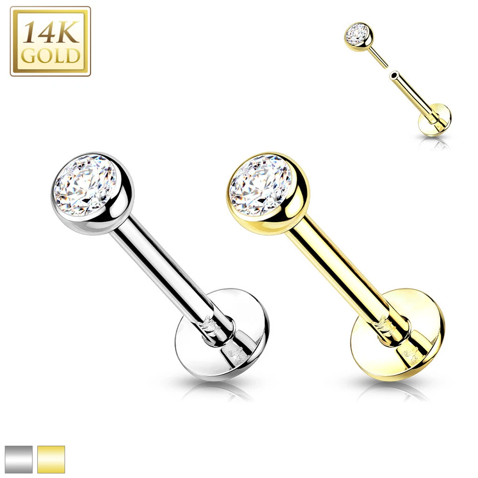 Juego de bisel de oro macizo de 14K circonita cúbica sin rosca empuje en labret oreja cartílago Daith 16G Foto 3 de 4