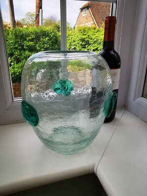 Große moderne Mid Century BLENKO CRACKLE GLASVASE mit türkisfarbenen ROSETTEN