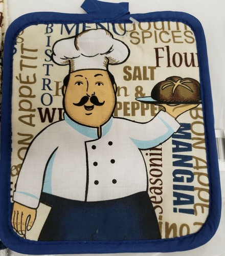 Set 2 Porta Pentole Jumbo Stampati, 7"x8",GRASSO CHEF CON PIATTO con Schienale Blu, Reggiseno - Foto 2 di 12