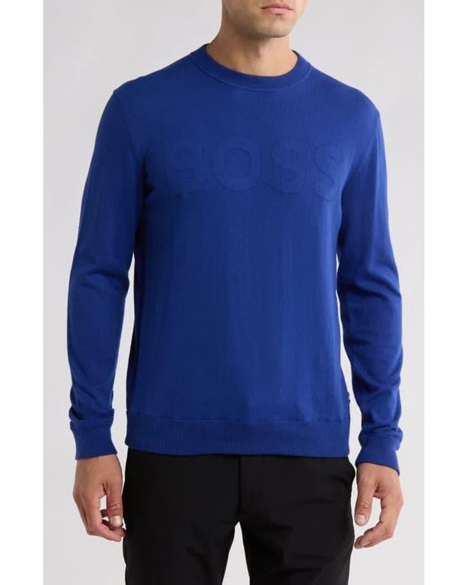 HUGO BOSS Men's Size Large Knit Embossed Logo Sweater Blue HUGO BOSS Men's Size Large Knit Embossed Logo Sweater Blue