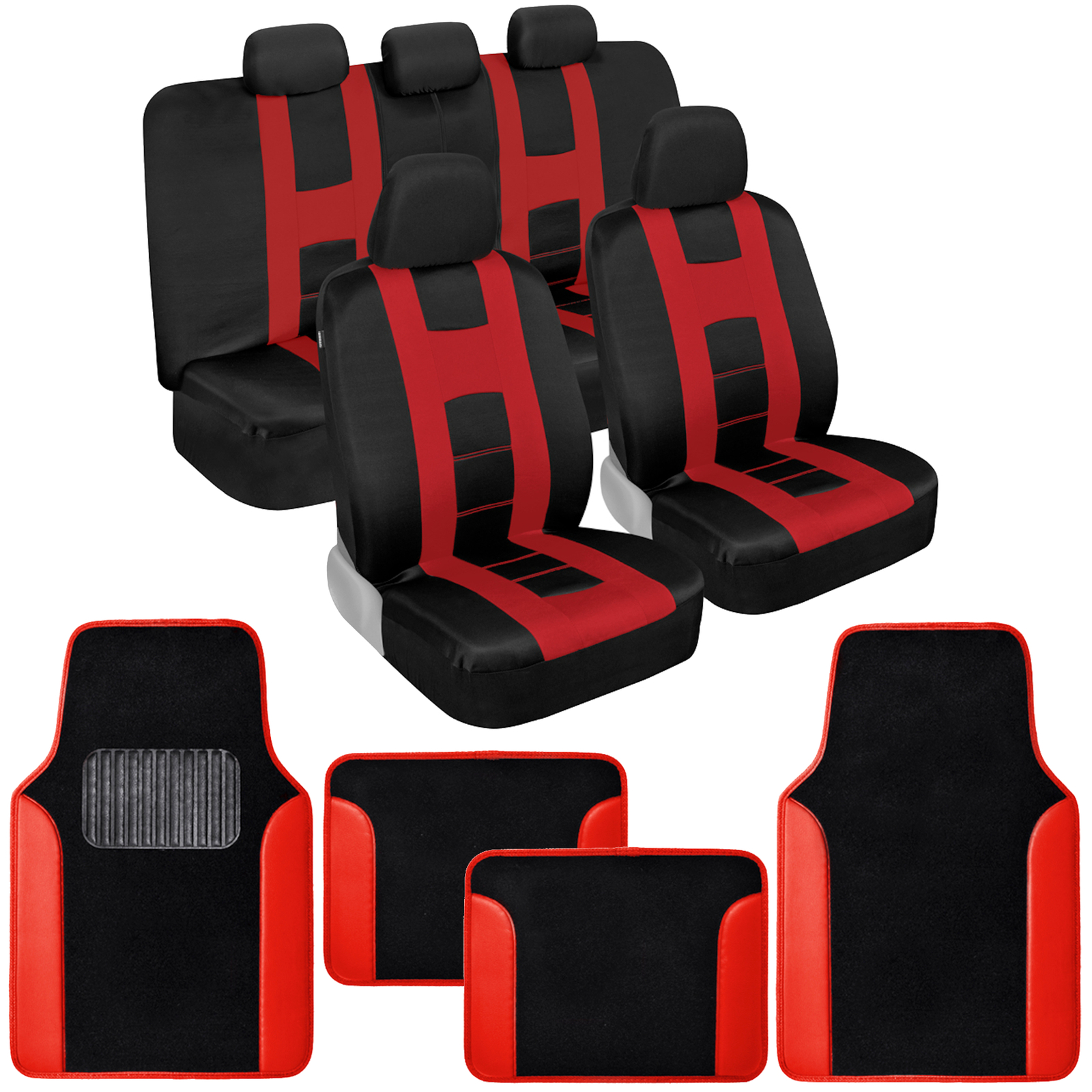 BDK Black Red Poly Car Seat Covers Full Set with Vinyl Floor Mats