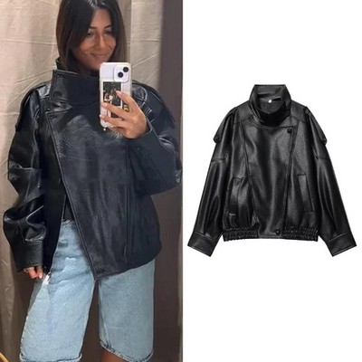 TFMLN Chic Black Faux Leather Jackets Women Long Sleeve Buttons Elastic