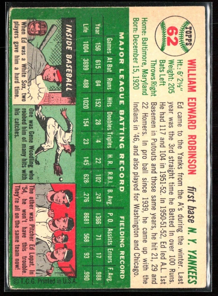 Eddie Robinson 1954 Topps B #62 New York Yankees - Image 2 of 3