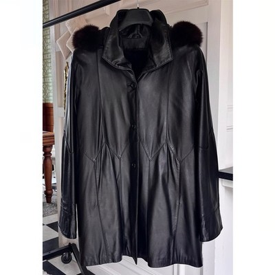 Women s Black Leather Stroller Jacket Fox Fur Trim Hood Mink Lining Medium / XL