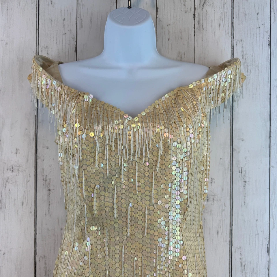 VTG Nadine Cream Iridescent Sequin Fringed Off-the-Shoulder Cocktail Dress Small - Image 2 of 4