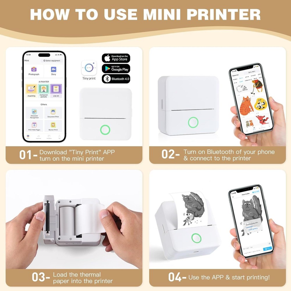 Thermal Photo Printer Mini Print Pod Sticker Printer+1 Roll Labels, White/Pink
