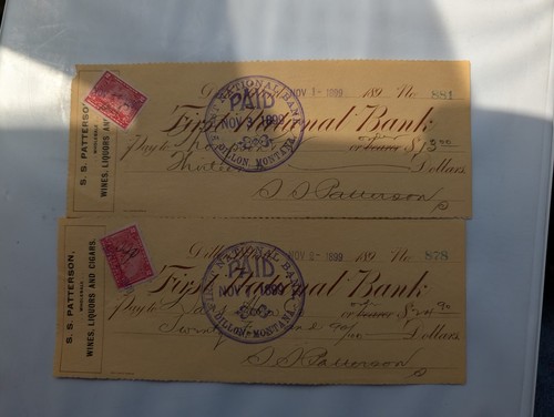 1899 Dillion Montana Revenues On Liquor Checks Used (2x) - T267 - Picture 2 of 3