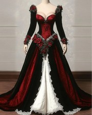 Elegant Burgundy Victorian Evening Gown Velvet Embroidered Corset 3D Floral Lace