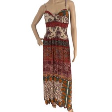 Pull&Bear Women Small Boho Paisley Floral Smocked Maxi Dress Red Multi Strappy