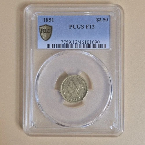 Authentic 1851 Antique 2.50 Gold Liberty Head Gold Coin Graded PCGS F12