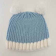 Handmade Knit Beanie Hat for Unisex Newborn Baby, Blue  White, Pom-Poms