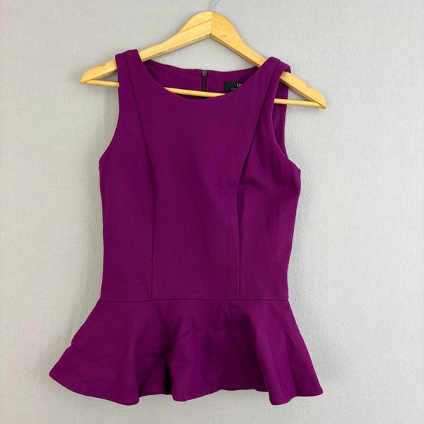 Cue Top Womens 8 Purple Tank Peplum Sleeveless Round Neck Back Zip Work Cocktail