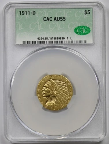 1911-D $5 CACG AU 55 Indian Head Gold Half Eagle Key Date