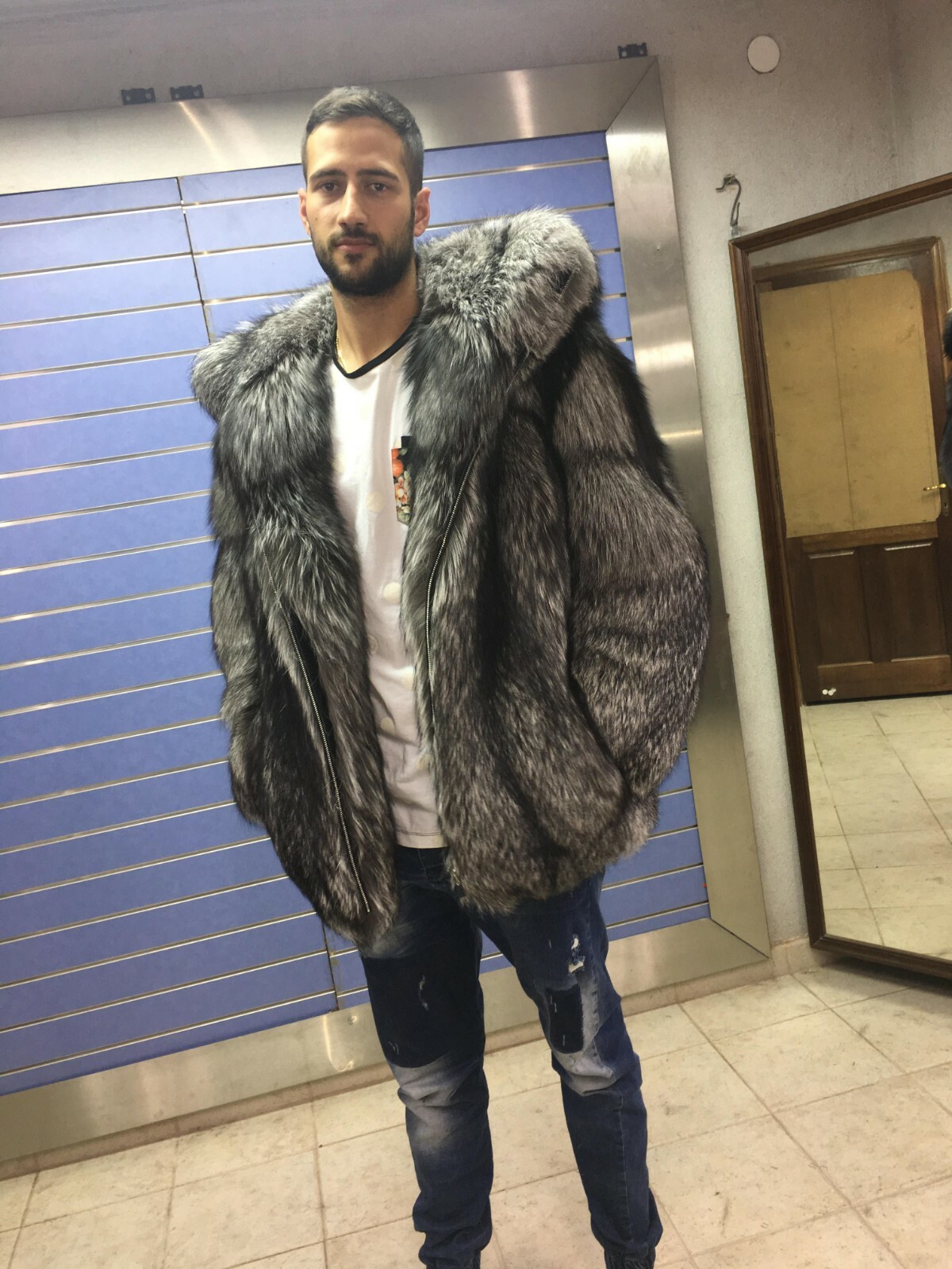 Luxury Full Skin Silver Fox Fur Mens Coat Real Fur Jacket Skin