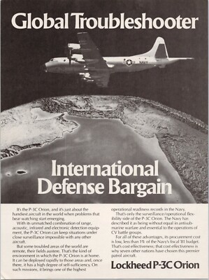 Lockheed P-3C Orion Global Troubleshooter Patrol Aircraft Vintage Print Ad 1980