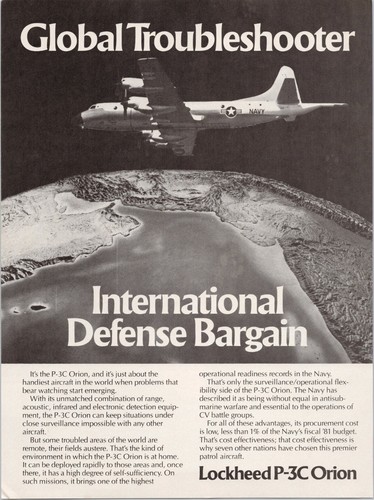 Lockheed P-3C Orion Global Troubleshooter Patrol Aircraft Vintage Print Ad 1980