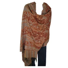 Shawl | Wool + Modal | Paisley Design | Handloomed | Tassels | Copper & Sand