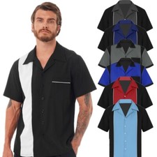 Men Retro Classic Two Tone Shirt Guayabera Bowling Casual Dress Shirt Camp Shirt