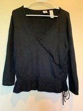 Emma & James Black Faux Wrap Long Sleeve Beaded Silk Angora Blend Sweater SZ LG