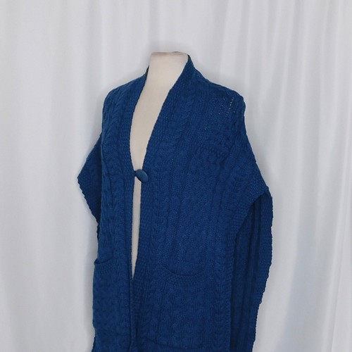 ARAN CRAFTS Irish Ireland Blue Merino Wool Cable Knit Cape Sweater One Size - Picture 5 of 10