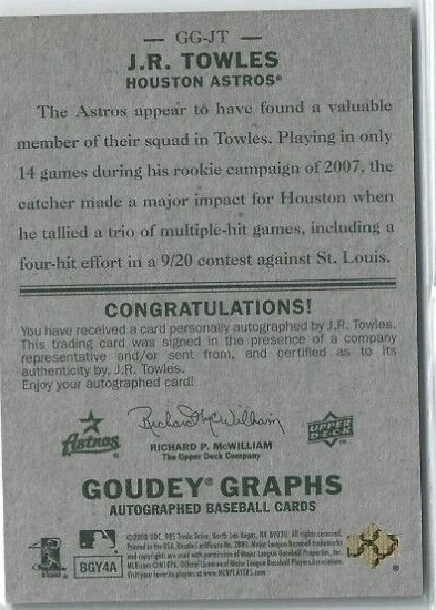 J.R. Towles 2008 UD Goudey Baseball Astros Authentic Autograph GG-JT Raw - Image 2 of 3