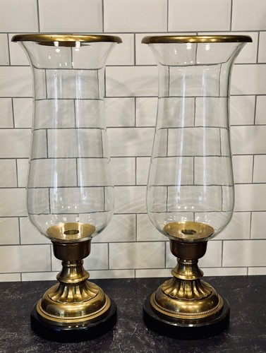 2 Large French Brass and Glass and Marble Candle Hurricane Lamps-Pier 1